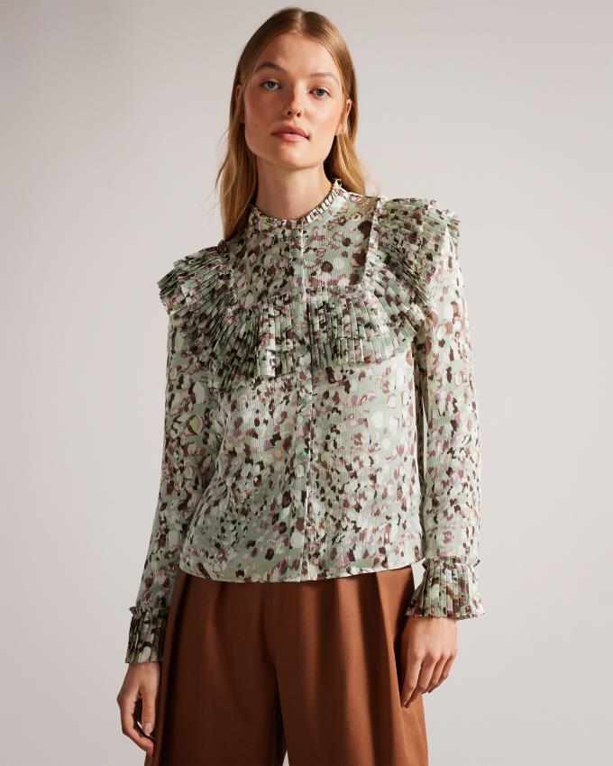 Chemisier Ted Baker Blouse With Ruffle Bib Detail Vert Clair Femme | FBX-53217154